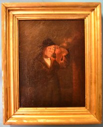 Antique 1881 Oil On Canvas Painting 'Irishman Lighting Pipe', Signed Ulysses D. Tenney , 12.5'W X 15.5'H