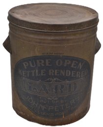 Antique 50 Lbs John Peters Pure Open Kettle Rendered Lard Metal Container, 12' Diam. X 14' X 14.25'H
