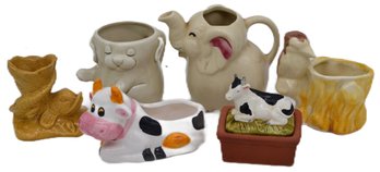 6 Pcs Vintage Animal Related Ceramic & Pottery, Cows, Elephant, Birds, & Dolphin (Chipped)