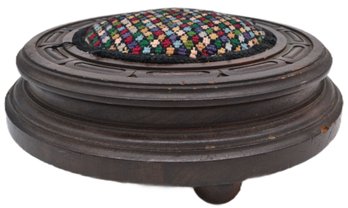 Antique Victorian Carved Walnut Round Foot Rest With Embroidered Inset, 13' Diam. X 4.5'H