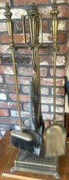 Vintage Brass Fireplace Tools In Stand, Brush, Shovel, Poker And Tongs, 10.25' X 7.5' X 31.5'H