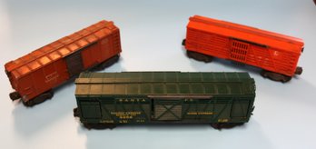 Three Lionel 0/027 Operating Cars - 3356 - Horse Car -3656 - Cattle Car -159000 - Operating Boxcar