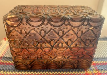 Arts & Crafts Style Carved Treenware Wooden Playing Card Box, With Two Decks Of Cards, 4.75' X 3.75' X 3H