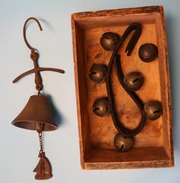 Lot:  7 Jingle Bells With A Leather Strap And An Iron Hanging Nautical Theme Bell