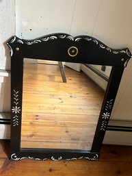 Vintage Black Mirror With Arched Top And Hand Painted Highlights, 23.5' X 31.5'H
