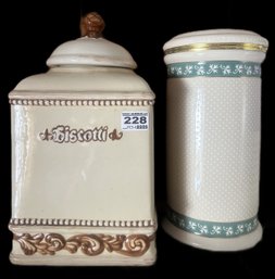 2 Pcs Ceramic Biscotti Covered Jar, 7' Sq X 11'H And Hinged Lidded Tall Canister,