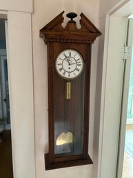 Antique Tall Mahogany Wall Clock With Pediment & Finial