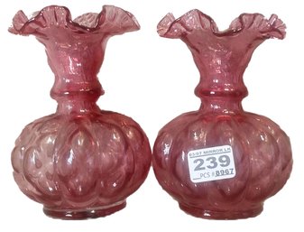 2 Pcs Matched Pair Cranberry Ruffled Rim Vases, 3.75' Diam. X 5.5'H
