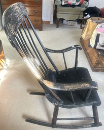Antique Black With Gold Stenciled Design Armed Rocker With Carved Seat, 22' X 28' X 40.25'