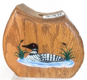 Wooden Loon Painted Wooden Pen Holder, Bottom Signed 'Stacy', 5' X 2' X 4.75'H