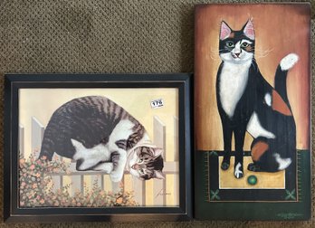 2 Pcs Framed Picture Cats, On Fence, 18.75' X 14.75'H, Tall Cat On Board Signed 1988 D Lacey Derstine 21'H