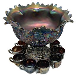 Spectacular Large 10 Pcs Northwood Carnival Glass Punch Bowl On Stand With 8 Matching Cups, 16.6' Diam. X 15'H