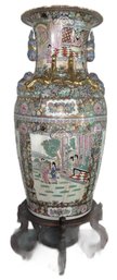 Monumental Vintage Palace Size Famille Rose Temple Urn With Rosewood Base, 37'H On Base 47.5'H