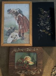 3 Pcs Antique And Vintage Pictures And Painted Black Lacquered Wood Panel, Oak Frame 16.5' X 24'H