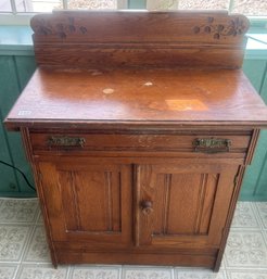 Antique 1-Drawer & 2-Paneled Doors Wash Stand With Carved Back Splash, 28' X 16' X 35.5'H