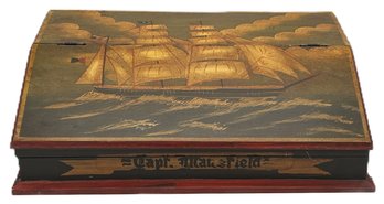 Vintage  Decorator Table Top Slant Front Writing Desk In Antique Nautical Theme, 24' X 13' X 8'H