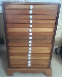 Fabulous Antique 17-Drawer Coin Cabinet With White Porcelain Pulls On Bracket Based, 10.25' X 13.25' X 23'H