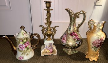 4 Pcs Antique Porcelain, 2 Ewers, Nippon, RS Prussia Tea Pot & French Porcelain & Ormolu Candlestick, 14'H
