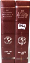 National Geographic Magazine, Full Year 1969 In Two Leather Bound Slip Covers - Includes Moon Landing Issue
