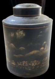 Antique Round Black Tea Canister With Chinoiserie Tole Painted Design, 5.5' Diam. X 7.5'H