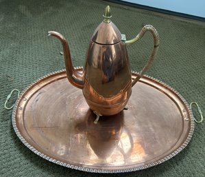 2 Pcs Vintage Oval Copper Tray With Brass Handles, 18.5' X 13' And Coffee Pot, 10'H