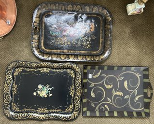 3 Pcs Tole Painted Trays, 2-Metal & Wooden, Largest 17.5' X 23.5'