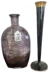 Purple Bottle 4.5' X 3' X 8.5'H And Tall Narrow Gold Rimmed Vase, 10.5'H