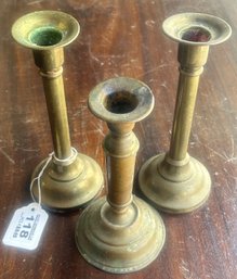 3 Pcs Antique Brass Candle Stick, 2 Matching And Similar, 2.75' Diam. X 7'H