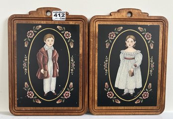 2 Pcs Pair Folk Art Images On Wooden Wall Hanging Plaques, 7.5' X 10.25'H