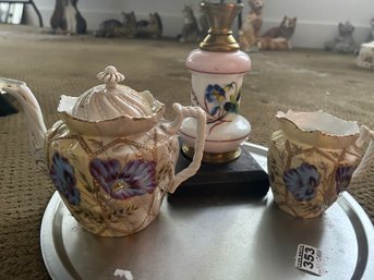 3 Pcs Vintage Porcelain Tea Pot & Creamer And Case Glass Candlestick