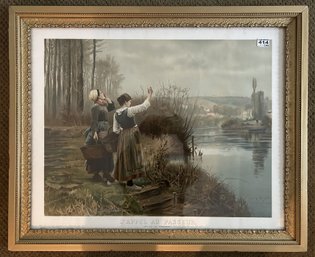 Antique 1888 French Lithograph 'L'Appel Au Passeur' (Hailing The Ferryman) By Ridgway Knight, 29.5' X 24.25'H