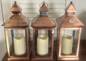 3 Pcs Copper Lantern With Battery Operated Candle, 5.25' Sq X 14.75'H