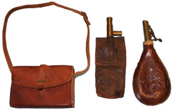 Lot Of Three (3) Early Firearms Related Items:  2-Shot Flasks & 1-Leather Cartridge Box