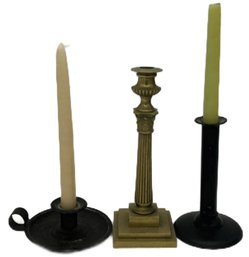 3 Pcs Antique And Vintage Candlestick Holders, Heavy Brass, Tin Puch-Up & Tin Finger Light