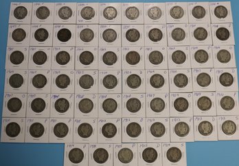 Barber Half Dollar Collection - Sixty-Five Coins - Assorted Dates - All Coins Are Circulated