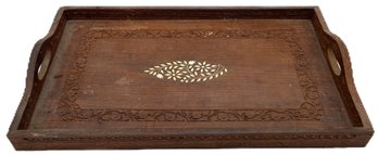 Vintage Carved Wooden Serving Tray With Handles And Inlaid Bone, 20' X 13' X 2.25'H