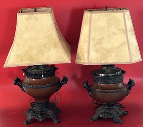 Antique Pair Similar Bradley & Hubbard Electrified Oil Lamps With Bronze Ormolu, 22'H