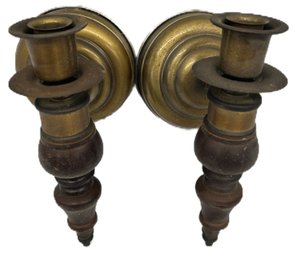 Vintage Pair Homeco Colonial Style Wood & Brass Candlestick Wall Sconces, 5' Diam. X 9'H