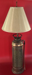 Antique Copper Buffalo Foam Fire Extinguisher On Wood Base Made Into Lamp, 43.5'H