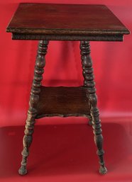 Antique Square Quarter Sawn Oak Lamp Table With Shelf And Turned Legs, 18' Sq X 28.75'H