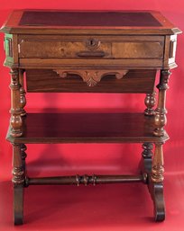 Spectacular Antique 2-Drawer Leather Top Work Table With Raised Panels, Shelf On Turned Legs & Stretcher