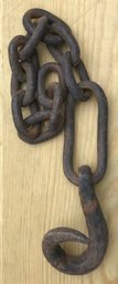 Vintage Hand Wrought Iron Chain And Hook, 2' Links, 4.5' Connector & 4.5' Hook