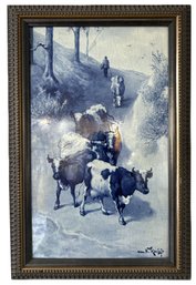 Antique Framed Delft Blue & White Tile Of Cows And Herder, 12-1/4' X 18-1/8'H, Signed Naur W. Roelofs