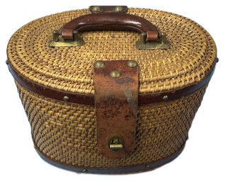 Classic 1960s Nantucket Oval Woven Basket Purse With Leather Handle, 10' X 8.5' X 9'H