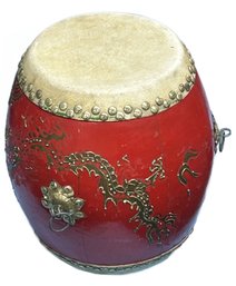 Vintage Chinese Red Lacquered Ceremonial Drum With Raise Gold Dragon Decorations, 12' Diam. X 12'H