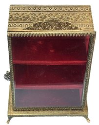 Vintage French Table Top Vitrine With Ormolu, Beveled Glass Door, Mirrored Back, 2-Shelves & Red Velvet Lined