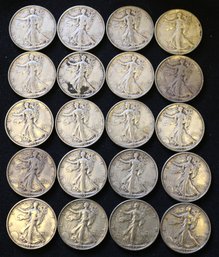 Roll Of 20 Silver 1937-P Walking Liberty Half Dollars - Better Than Average Circulated
