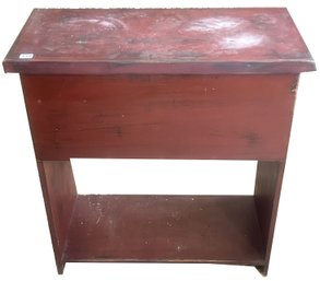Unusual Lift Top Filing Storage Cabinet With Boot Jack Ends, Painted In Country Red, 30' X 13.75' X 32'H