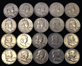 Roll Of 20 Silver United States Franklin Half Dollars - Dated In The 1950's - Some Better Condition