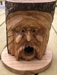 Birdhouse Made From Log With Carved Face Of Old Man, 8' Diam. X 9'H